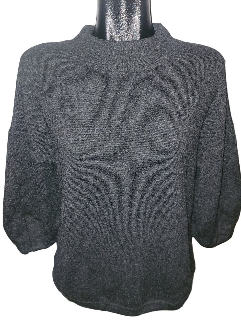 Anne Klein 100% Cashmere Charcoal Gray Mock Neck Cropped Sleeve Knit Sweater XL
